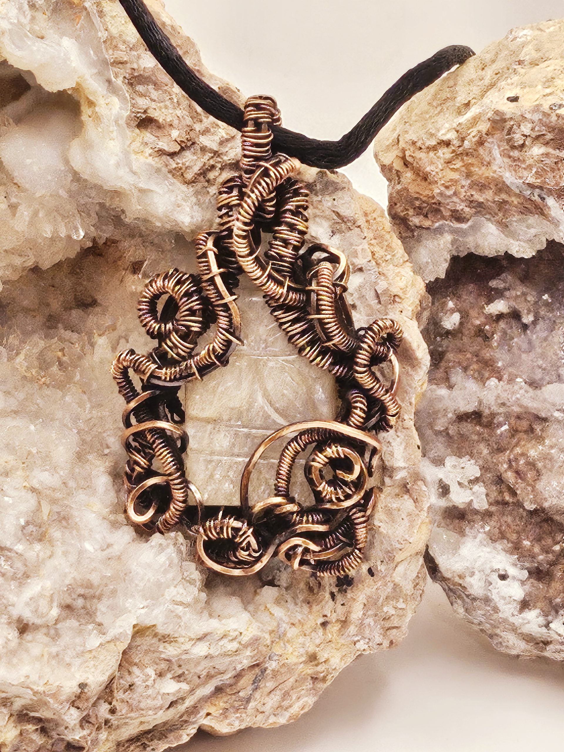 Oxidized Copper Wire Wrap with Carved Moonstone