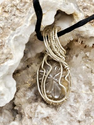 Smokey Quartz carved stone wire wrapped in sterling silver wire
