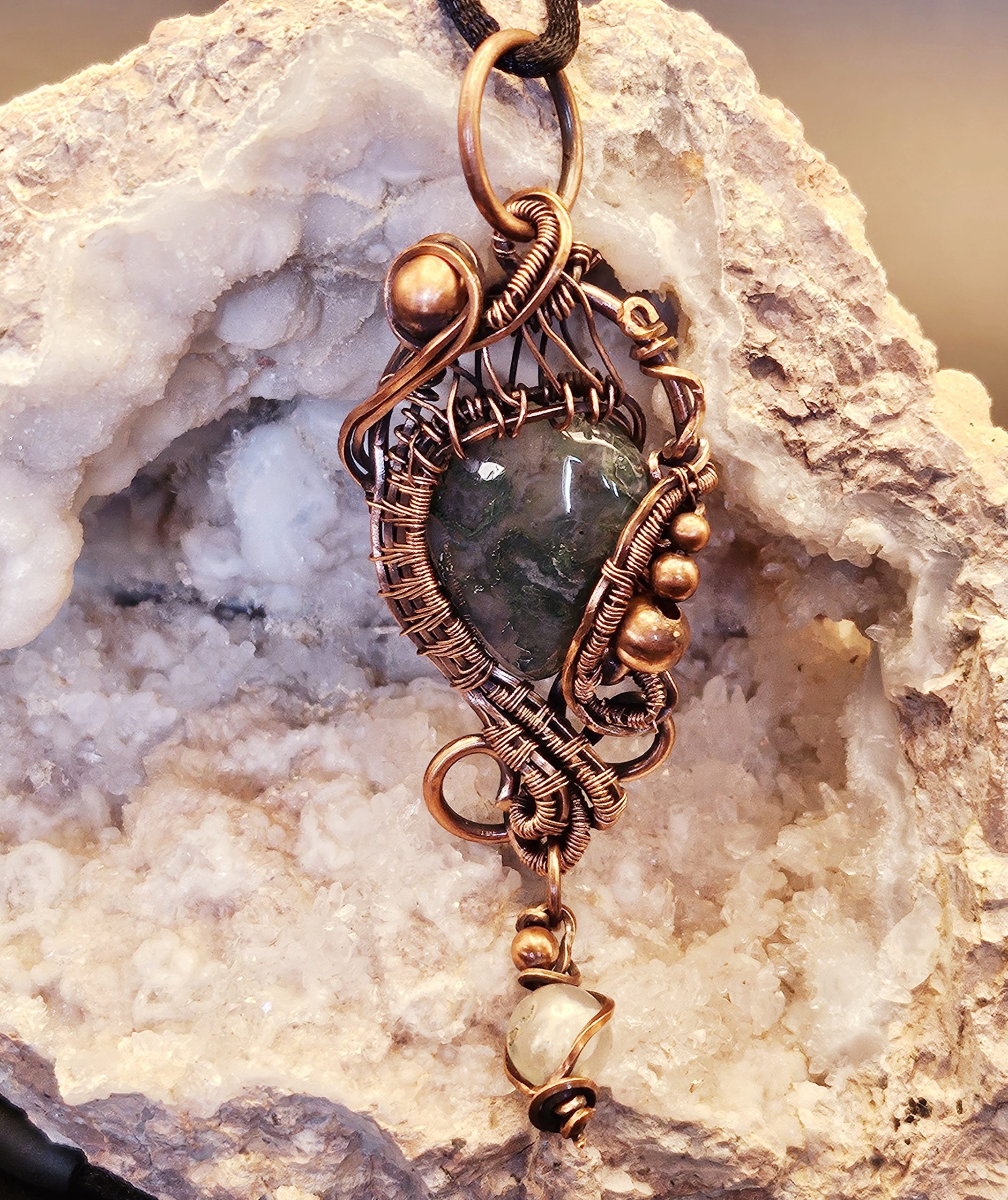 Moss Agate in Oxidized Copper Wire